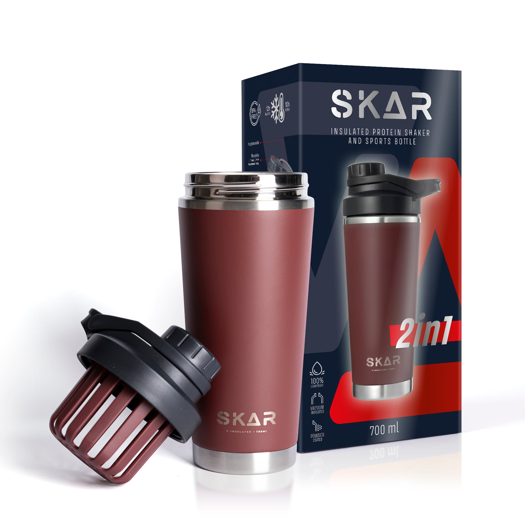 SKAR protein shaker tamno crvene boje 700 ml s kutijom i nastavkom za miješanje